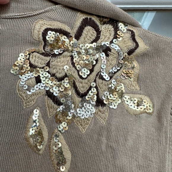Vintage Cache Knit Silk Blend Tan Cardigan Gold Sequin Floral Embroidery Size S - Picture 6 of 13